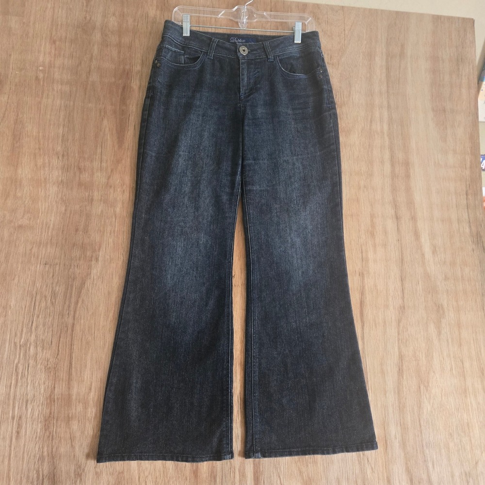 Duplex by Tyte Women's 8P Petite Wide Leg Flare Jeans Dark Wash Embroidered